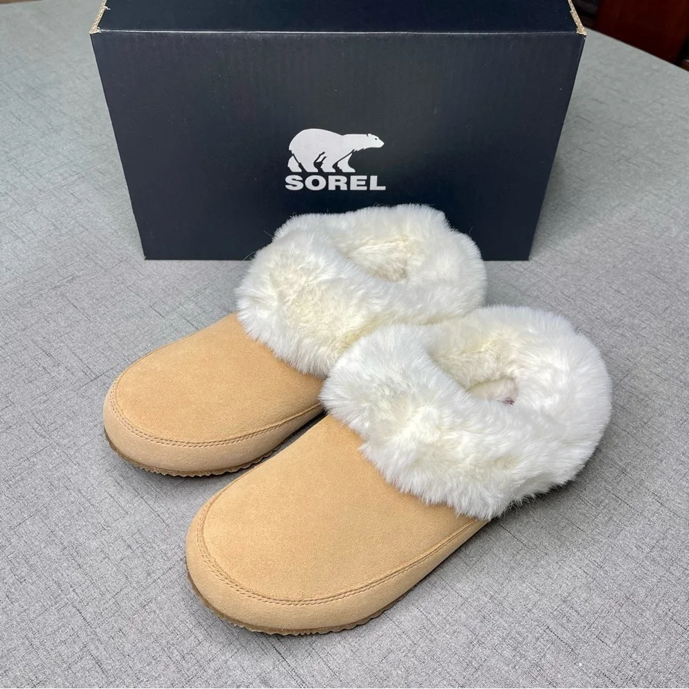 Sorel Women’s Go Coffee Run Slippers Tan Suede Leather Fur Slip On Shoes Nwt - Picture 6 of 16